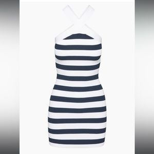 Aritzia Babaton Sculpt Knit Criss Cross Blue/white Striped Dress